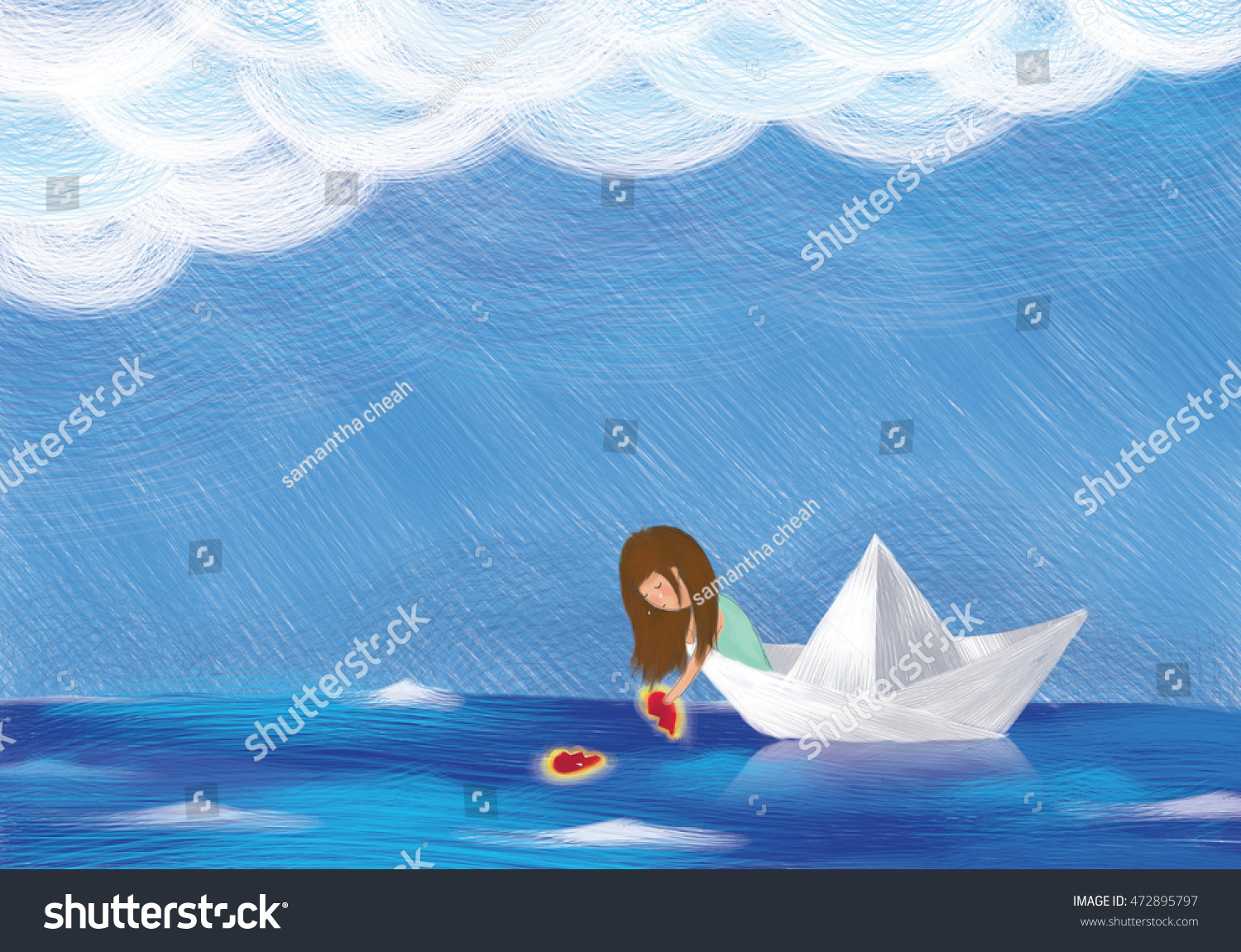 悲しい孤独 な少女の絵は 雲のような青空を乗り越えて海を走る紙のボートに心を輝かせました 芸術のアイデア 涙 自由 手放せ グラフィックペイントテンプレートの壁紙の背景 のイラスト素材