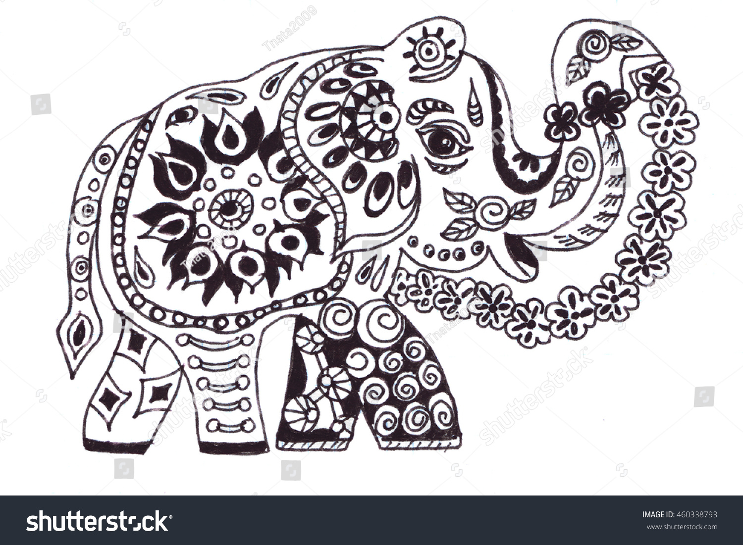 Illustration Drawn By Hand Outline Elephant Filled With And Floral Designs