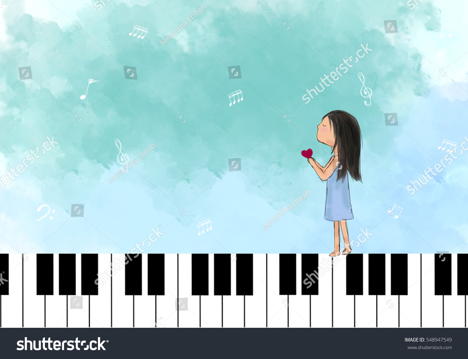 青い空にピアノの上を心を持つ孤独な女の子のイラスト 願い事 希望 バレンタイン 愛 祈り 傷つく 自由 ファンタジーデザインテンプレートの背景壁紙 を作るアイデア のイラスト素材
