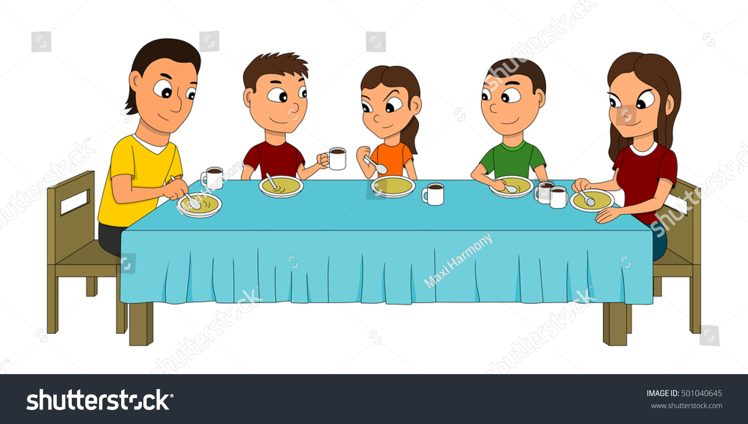 Illustration Of A Five Members Family Dinning At The Dinner Table ...