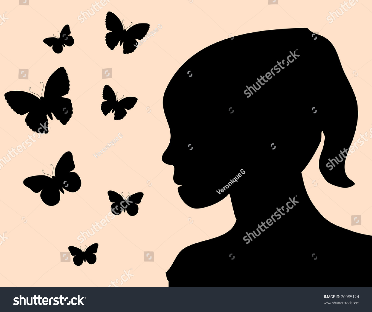 Illustration Of A Young Girl Silhouette With Flying Butterflies ...