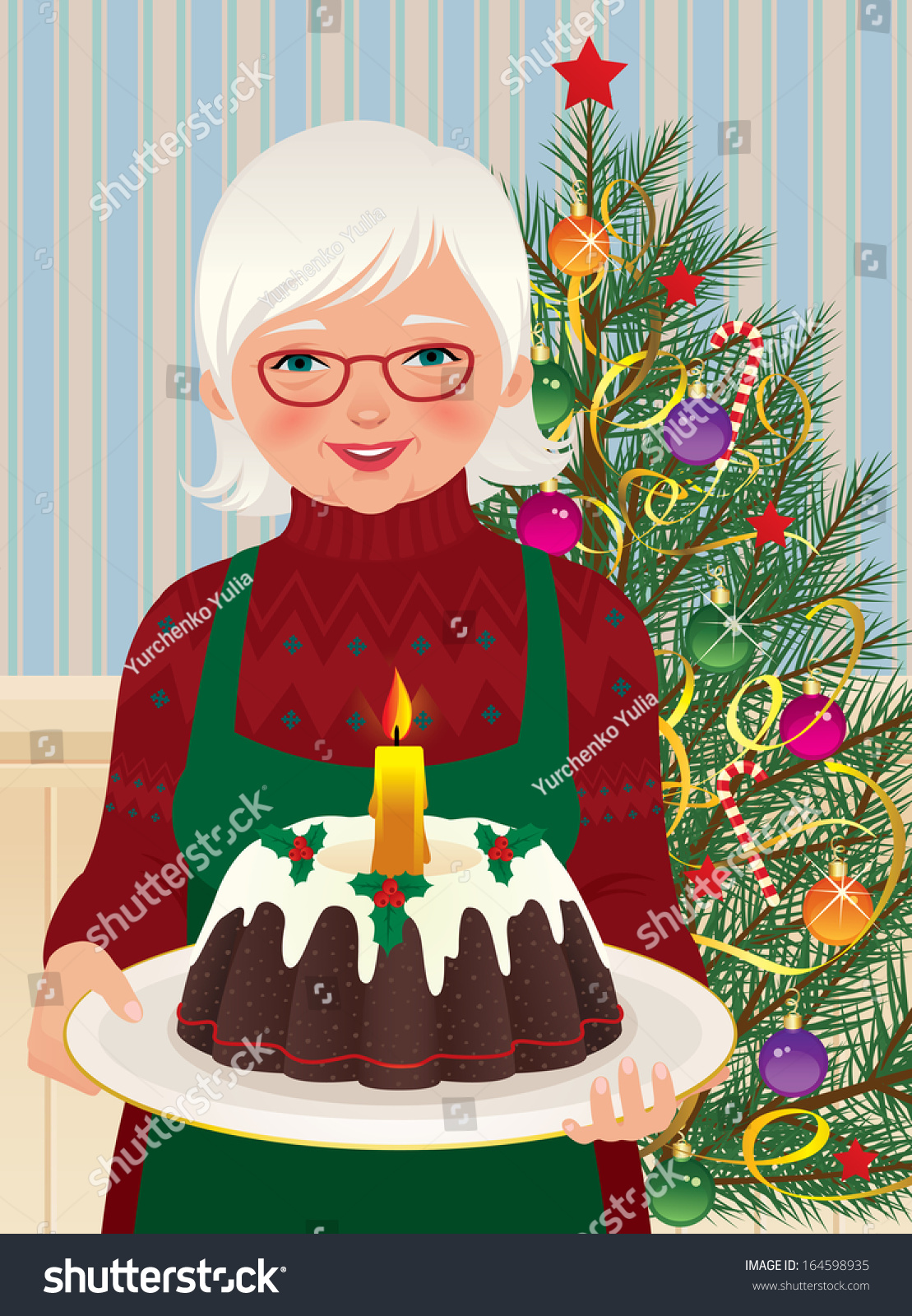 Illustration Elderly Housewife Baked Christmas Cakegrandmother Stock Illustration