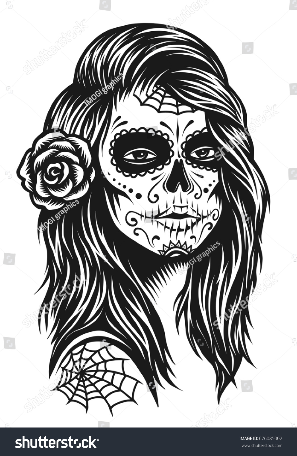 Illustration Black White Skull Girl Rose Stock Illustration 676085002