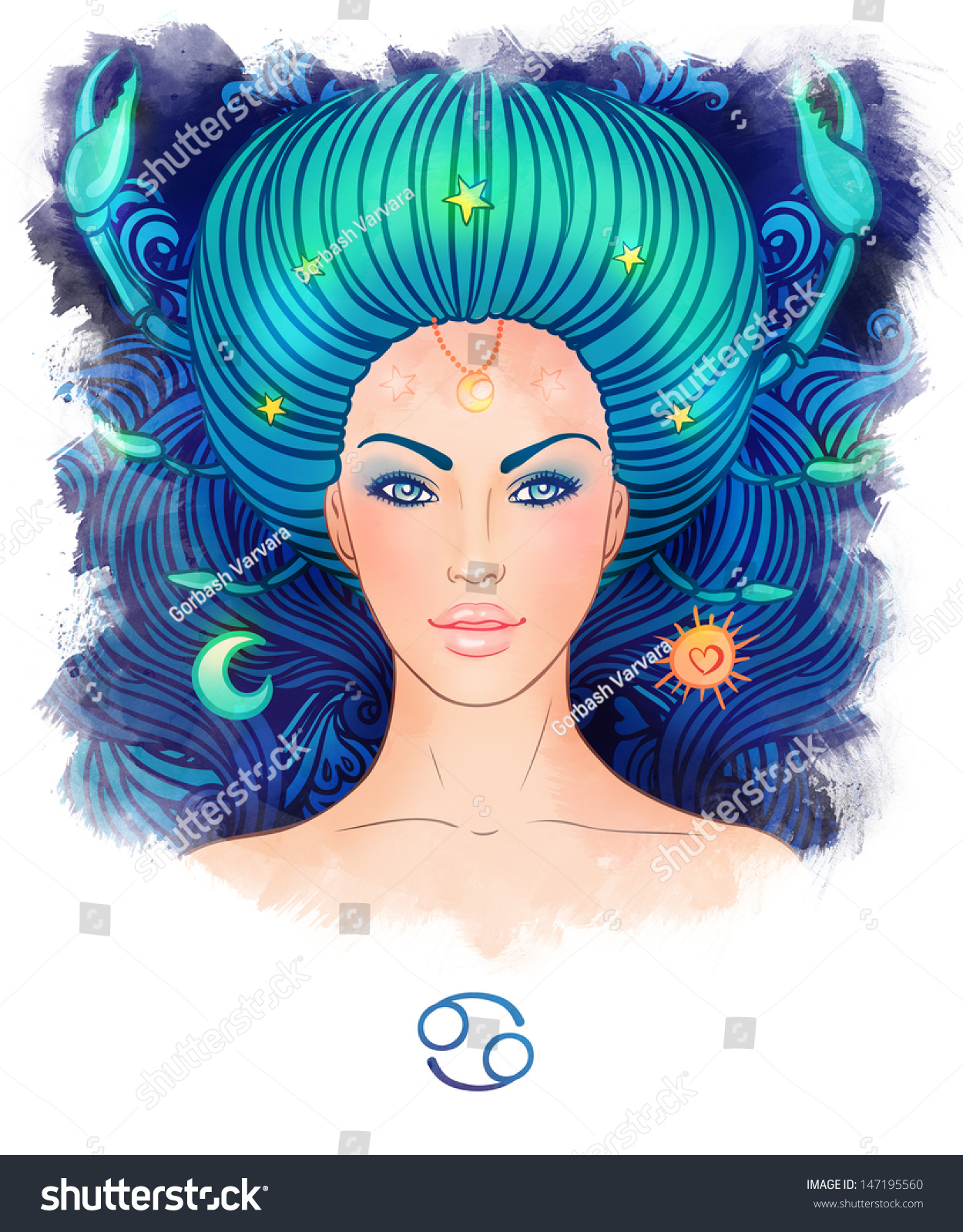 Illustration Of Cancer Zodiac Sign As A Beautiful Girl. Watercolor ...