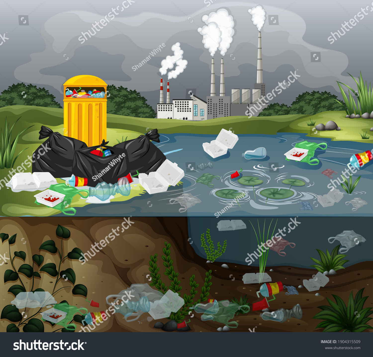 Illustration Water Pollution Plastic Bags Bottles Stock Illustration ...