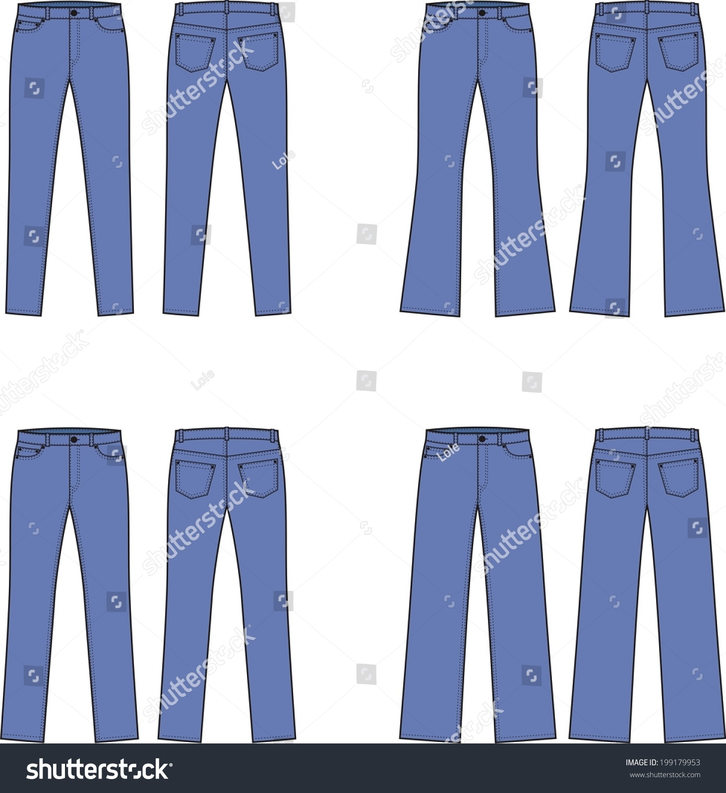 Illustration Of Women'S Jeans. Different Silhouette. Front And Back ...