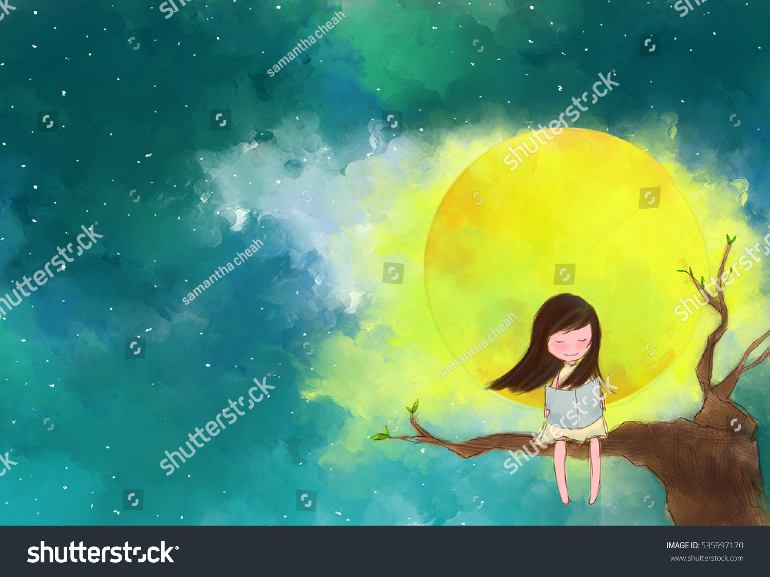 illustration water color drawing of lonely girl sitting on tree branches reading book over full moon - Color Drawing Pictures illustration water color drawing of lonely girl sitting on tree branches reading book over full moon - Color Drawing Pictures