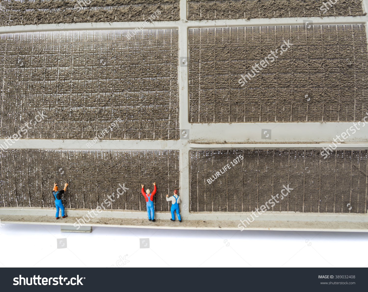 image of dirty air filter from air conditioner and small dolls try to clean it (
