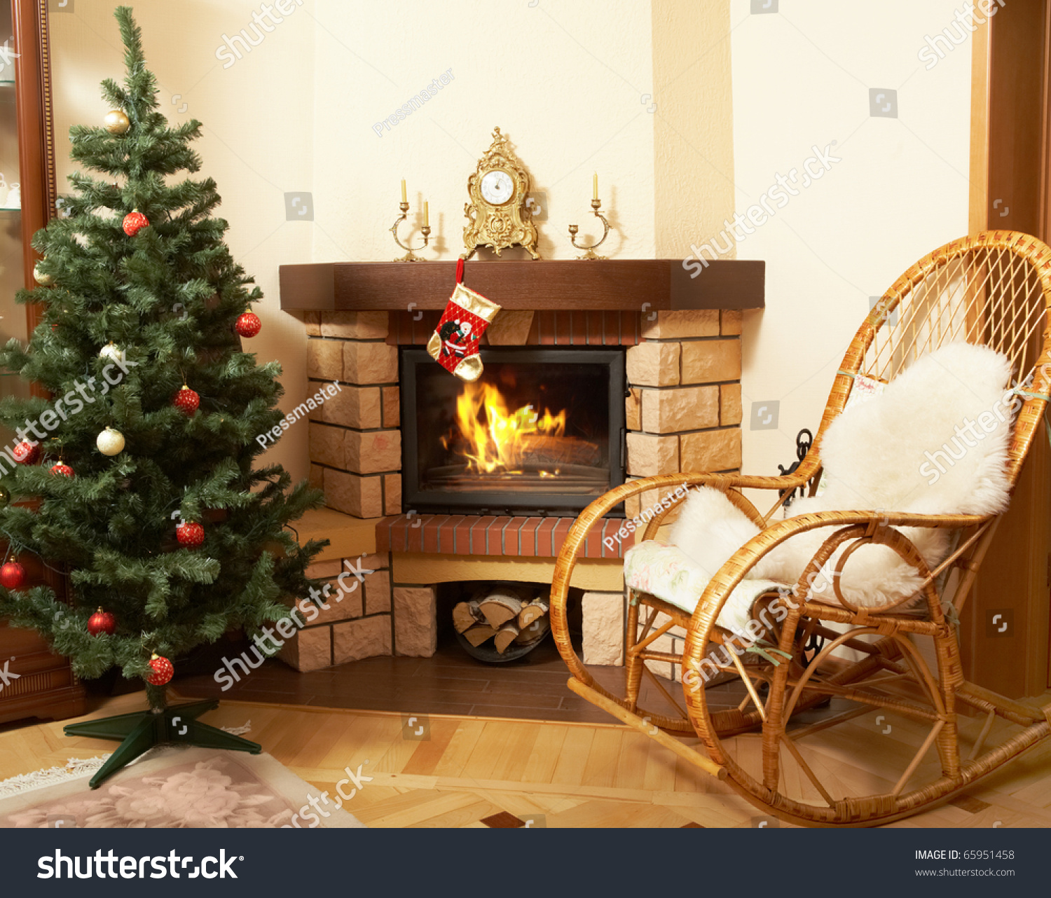 Image Of House Room With Rocking-Chair, Christmas Tree, Fireplace In It ...