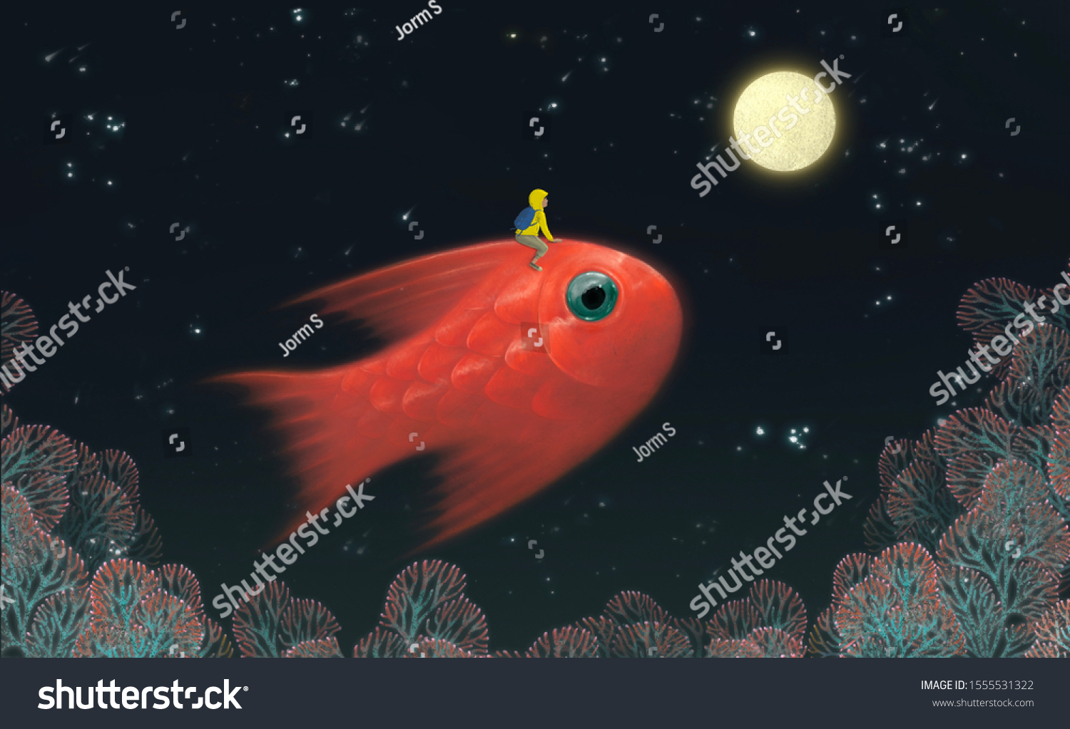 可愛い巨大魚を月に乗せる空想のシーンボーイ 超現実的な絵のイラスト アート 自由のコンセプト のイラスト素材