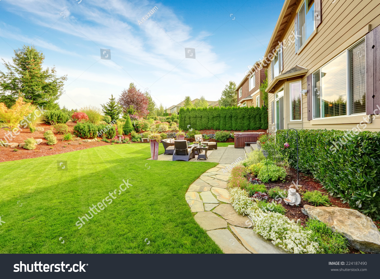 Impressive Backyard Landscape Design Cozy Patio Stock Photo