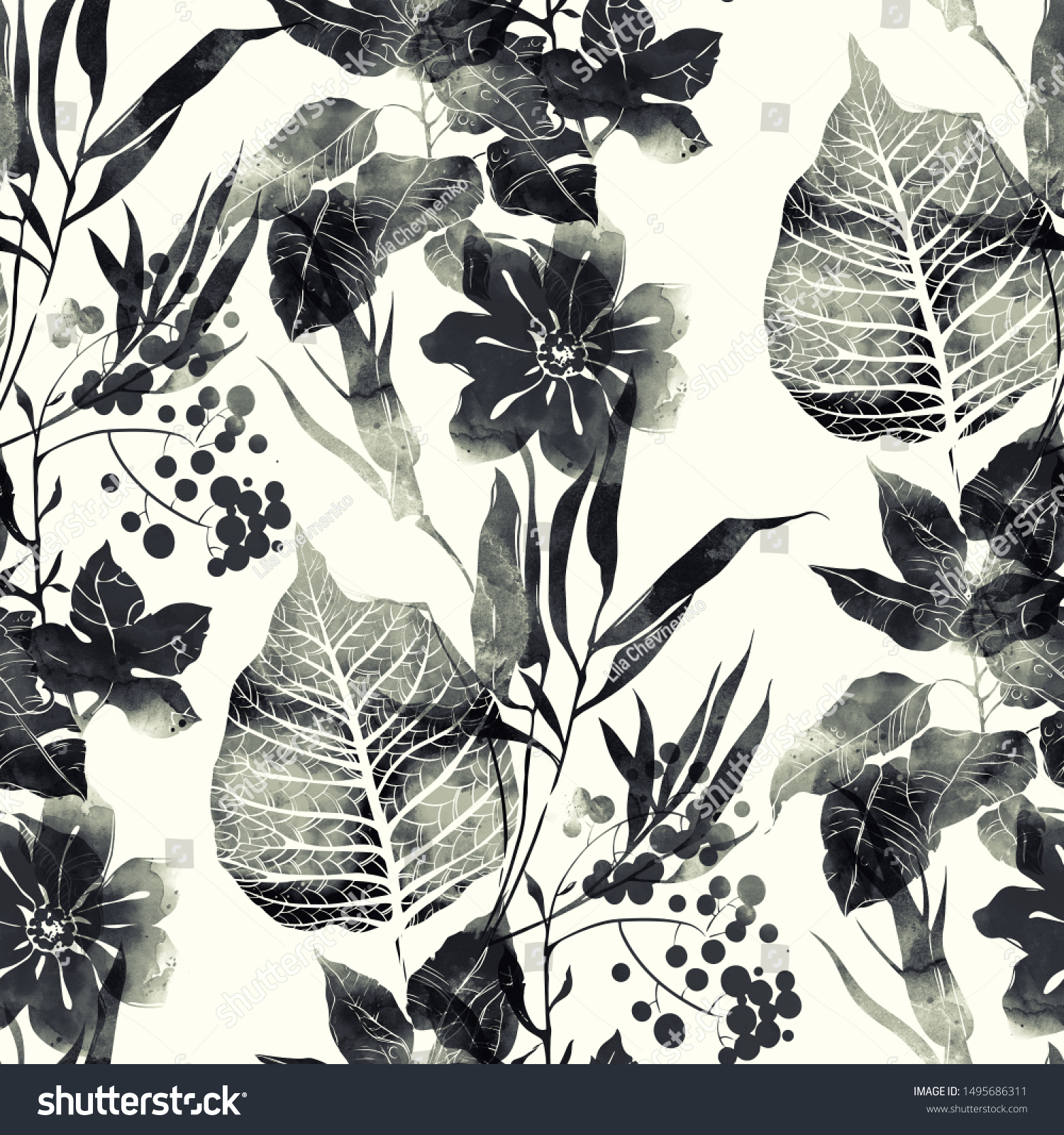 Imprints Monochrome Black White Leaves Flowers Stock Illustration