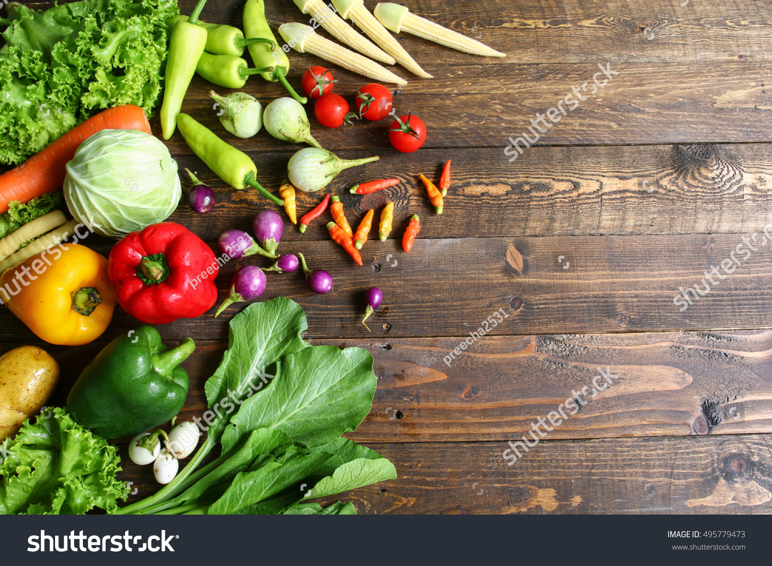 Include Fresh Organic Vegetables Basket On Wooden Floor With Copy Space ...