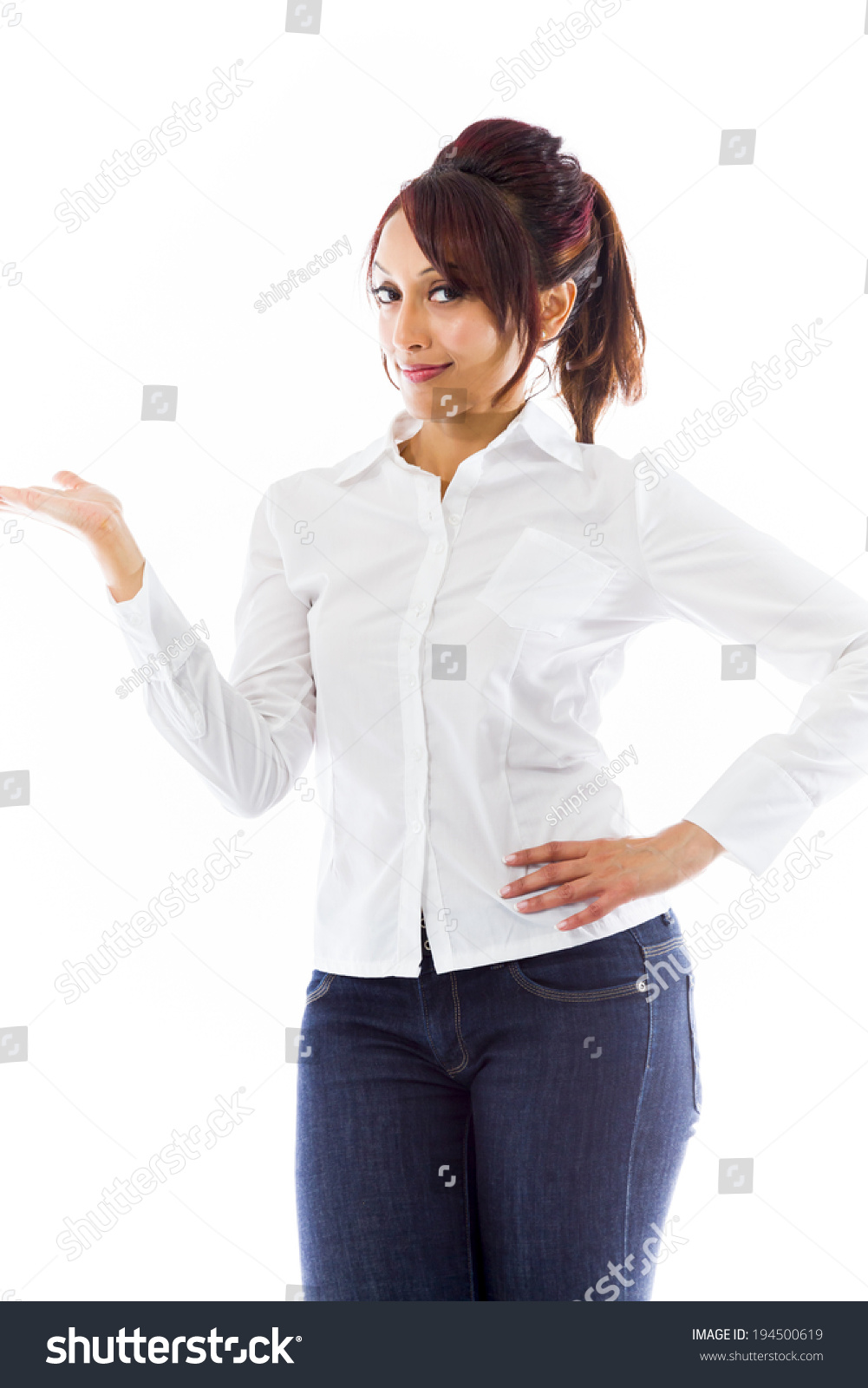 Indian Happy Young Woman Presenting Isolated Stock Photo 194500619 ...