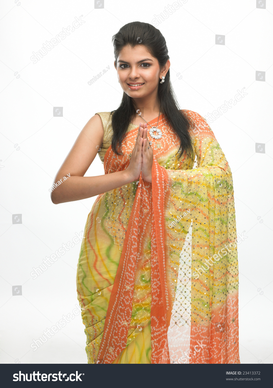 Indian Woman Tradition Sari Welcome Expression Stock Photo 