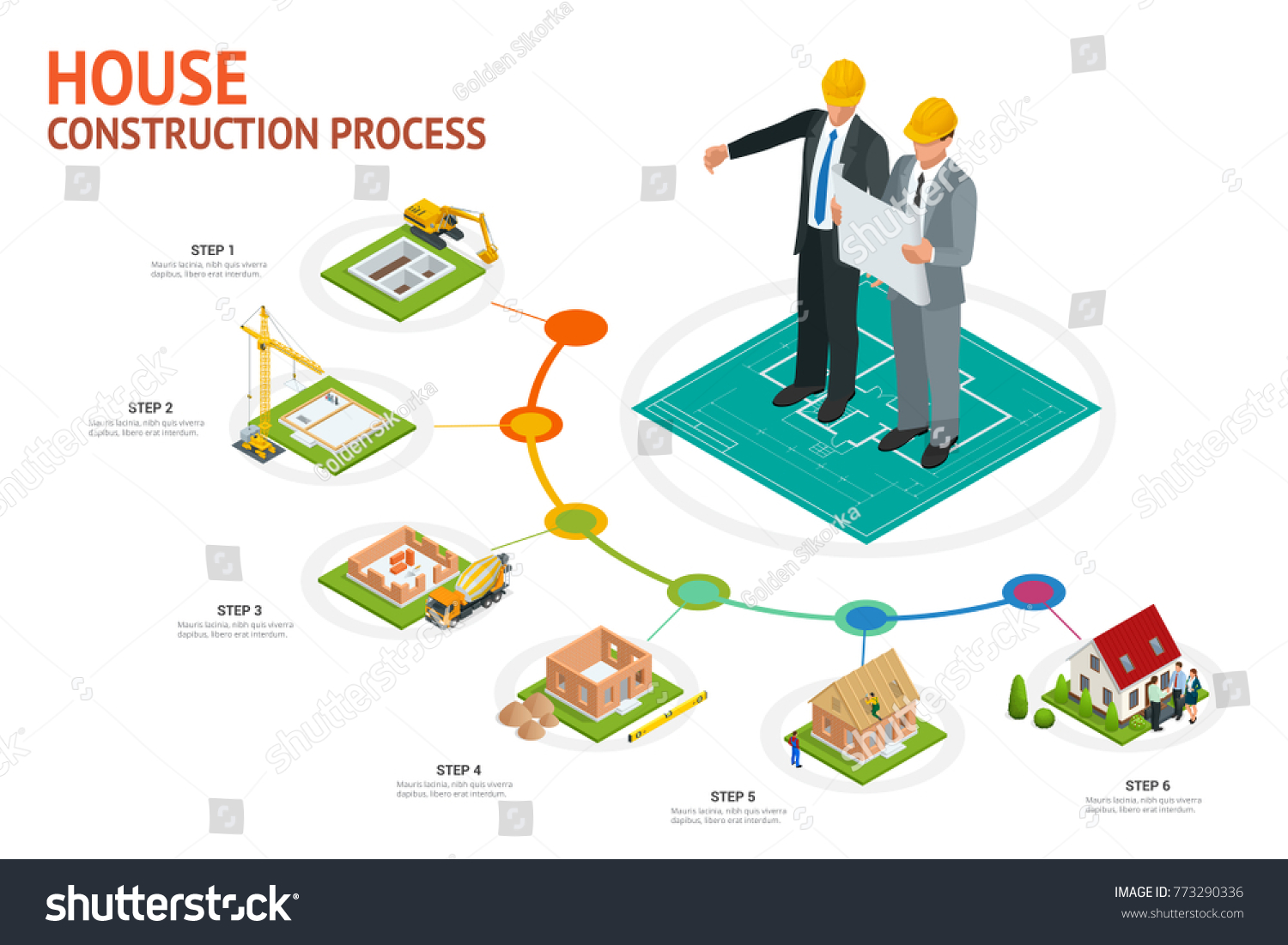 Infographic construction blockhouse house building process stock