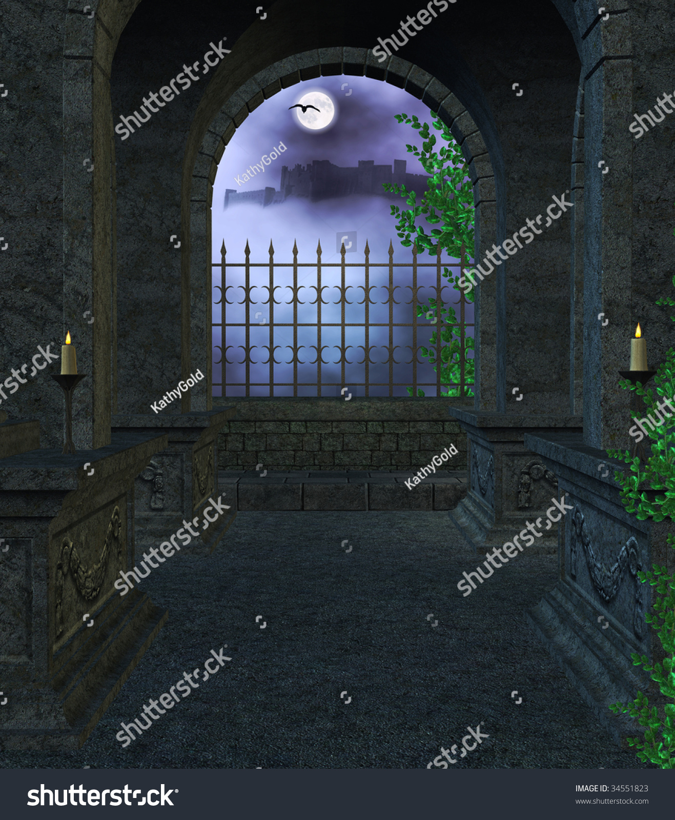 Inside The Mausoleum At Night With Candles, Vines, Fog Looking Out The ...