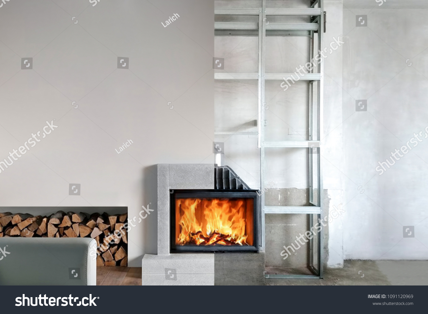 Installation Wood Stove Insert Livingroom Stock Photo Edit Now