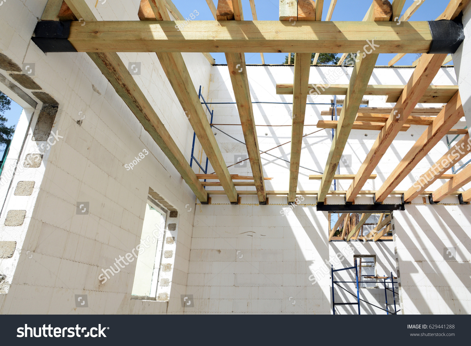 Installation Wooden Beams Construction Roof Truss Stock Photo