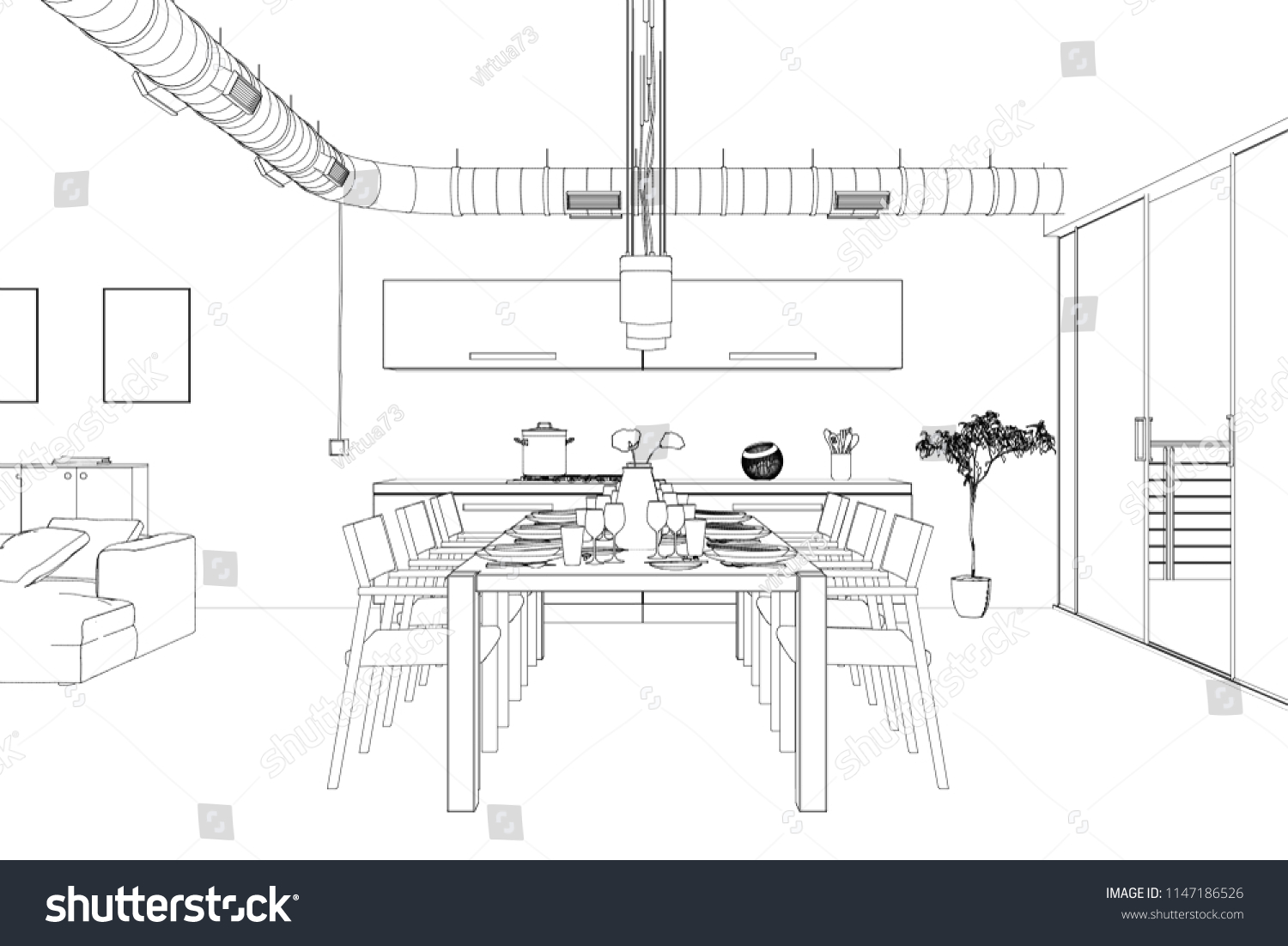 Interior Design Living Room Drawing 3d Stock Illustration