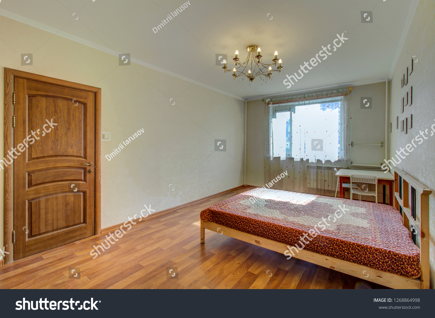 Interior Inexpensive Bright Bedroom Large Bed Stock Photo Edit