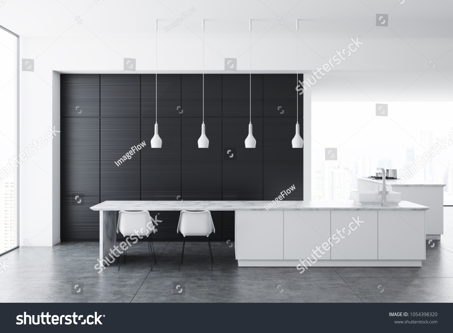 Interior Modern Kitchen Black Countertops Dark Stock Illustration 1054398320