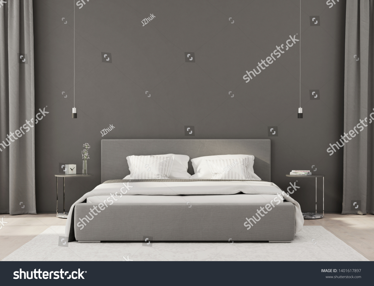 Interior Gray Bedroom Minimalist Style Curtains Stock Illustration 1401617897