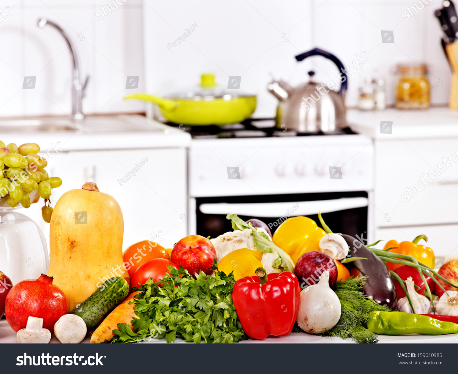 kitchen set with fruits and vegetables