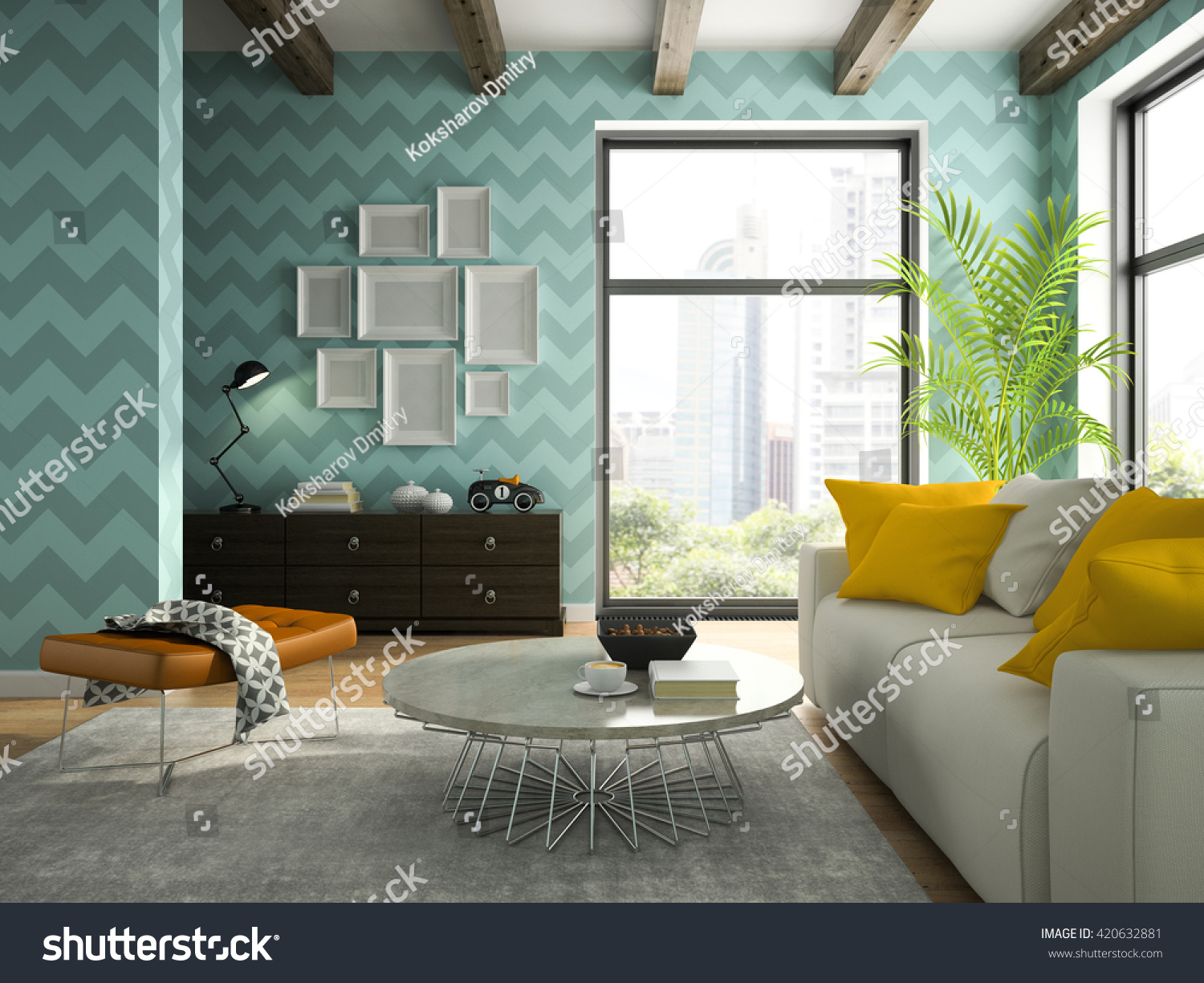Interior Living Room Blue Wallpapers 3d Stock Illustration Interior Living Room Blue Wallpapers 3d Stock Illustration