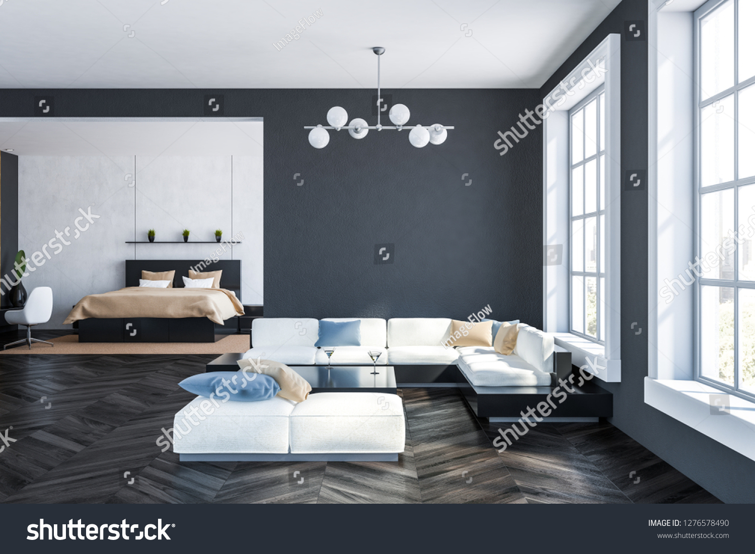 Interior Living Room Gray Walls Dark Stock Illustration 1276578490