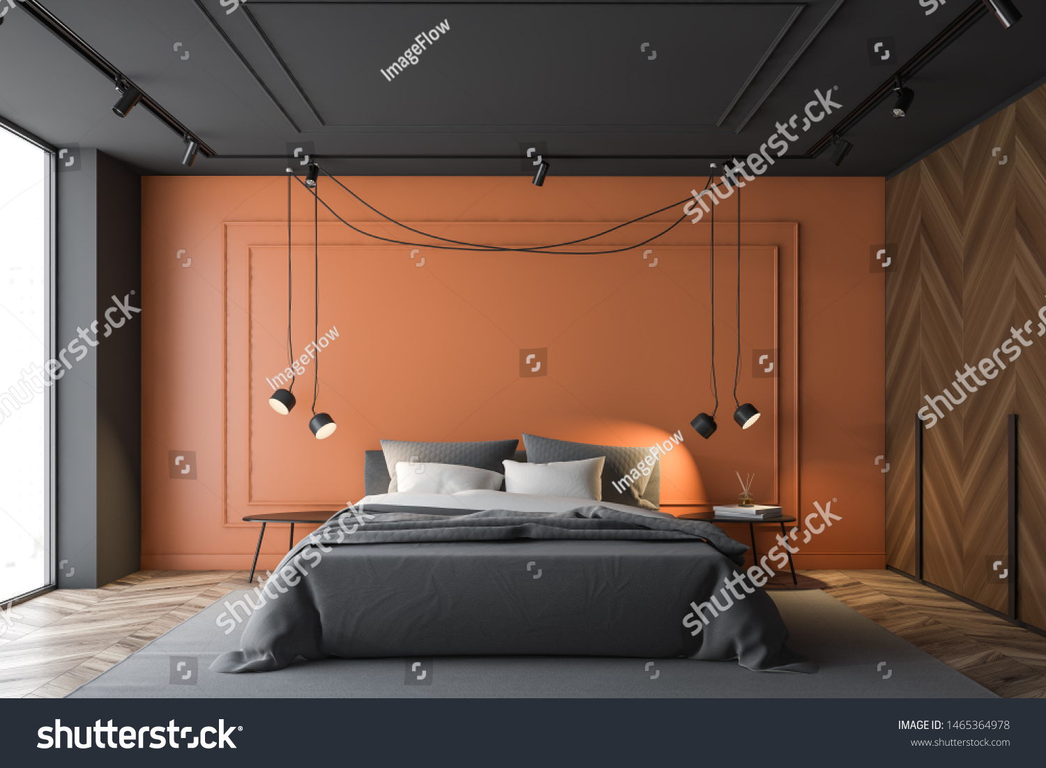 Interior Luxury Master Bedroom Black Orange Stock Illustration
