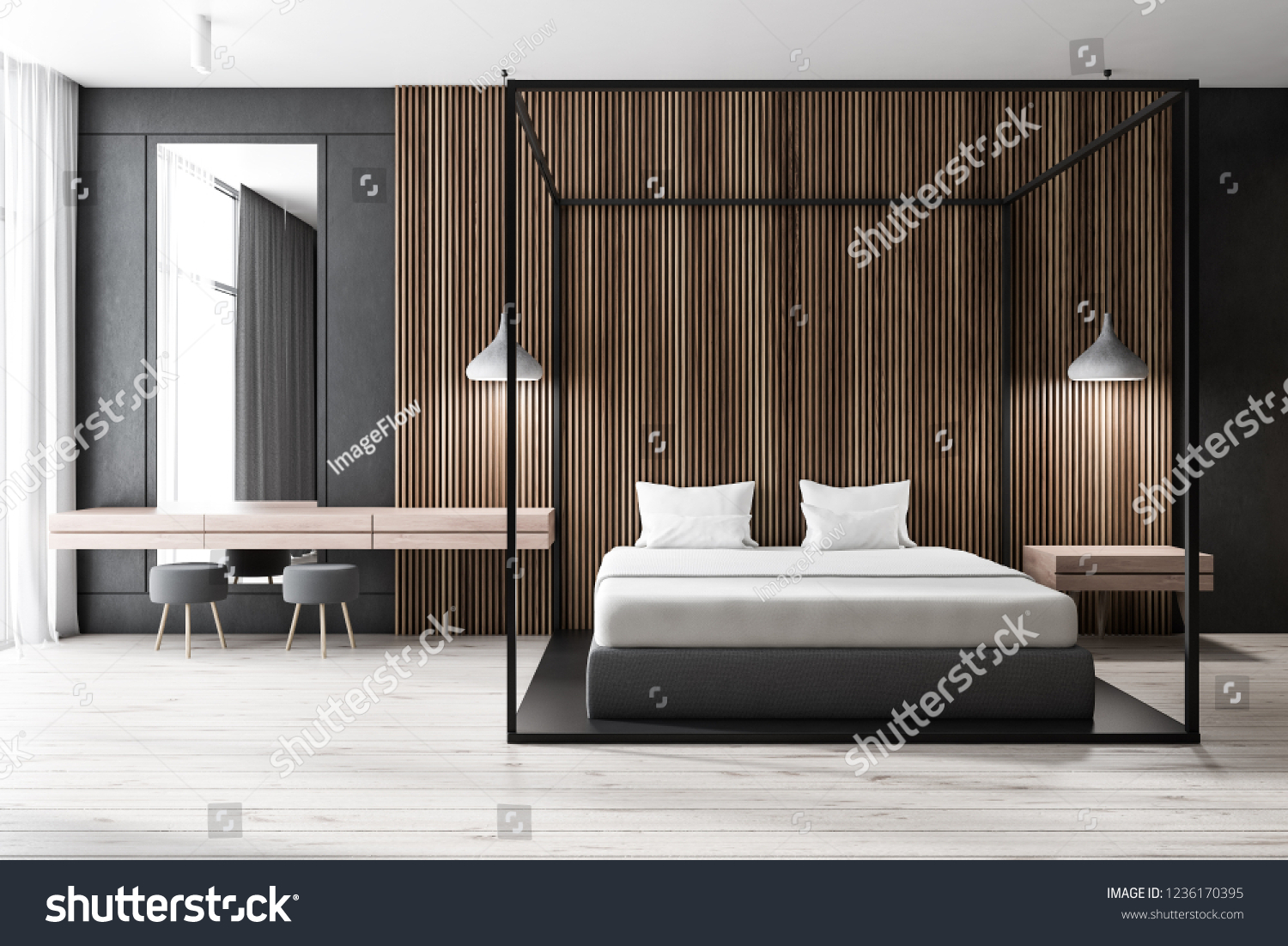 Interior Modern Bedroom Dark Wooden Walls Stock Illustration