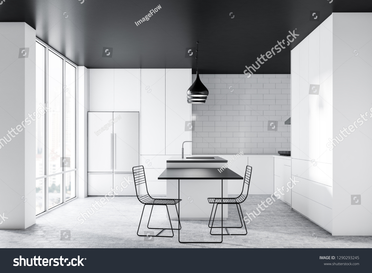 Interior Modern Kitchen White Brick Walls Stock Illustration