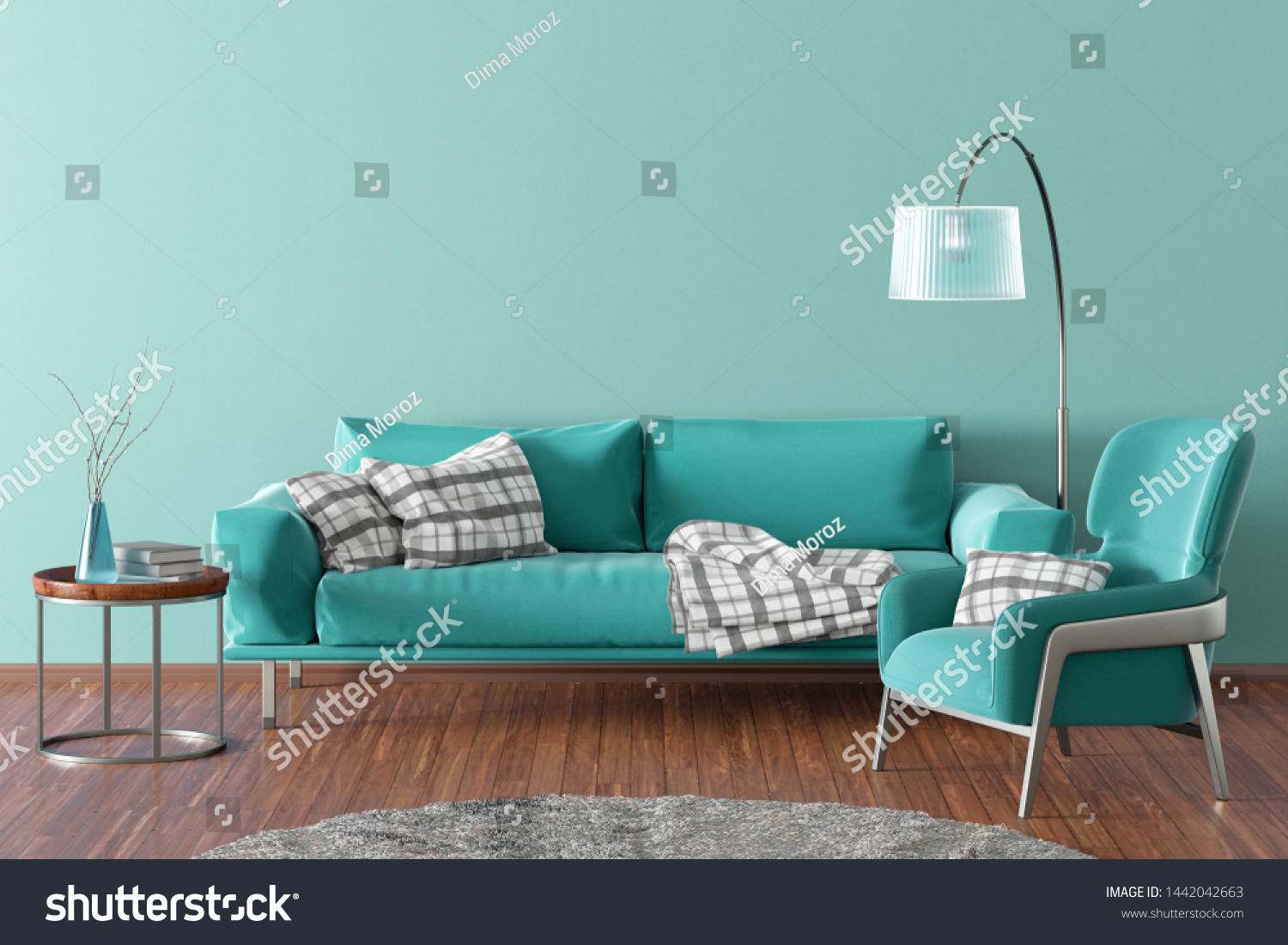 6 088 Turquoise Living Room Images Stock Photos Vectors Shutterstock   Stock Photo Interior Of Modern Living Room With Turquoise Wall And Wooden Flooring Cyan Fabric Couch Floor 1442042663 