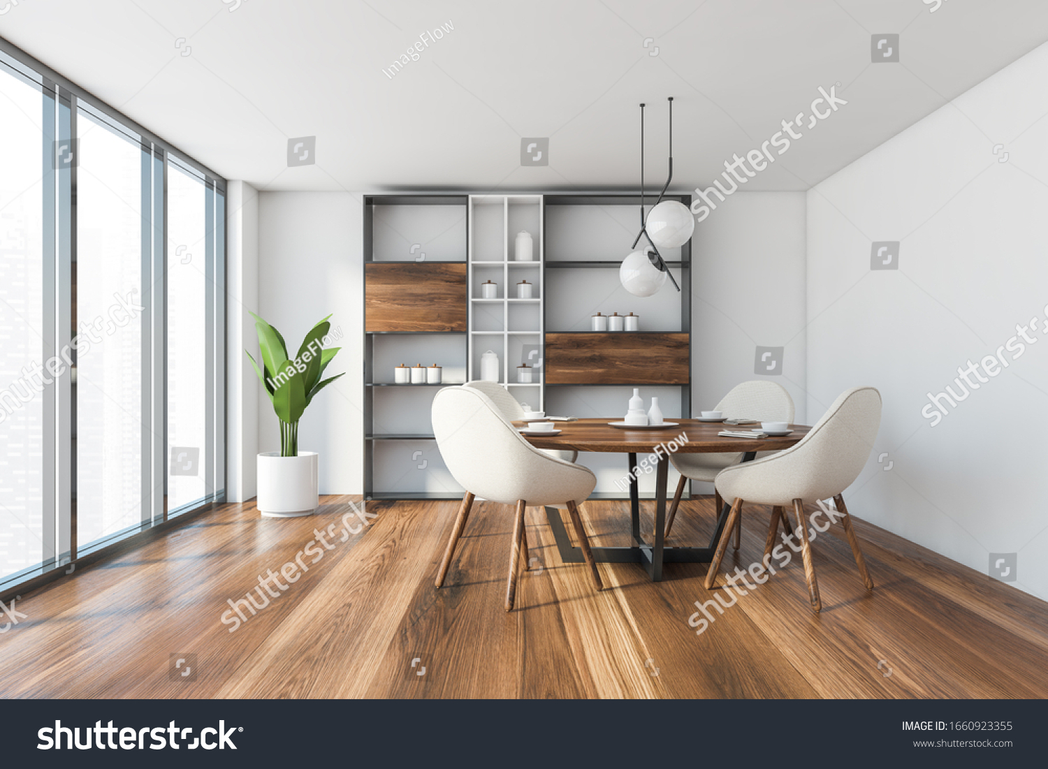 Interior Panoramic Dining Room White Walls Stock Illustration 1660923355 