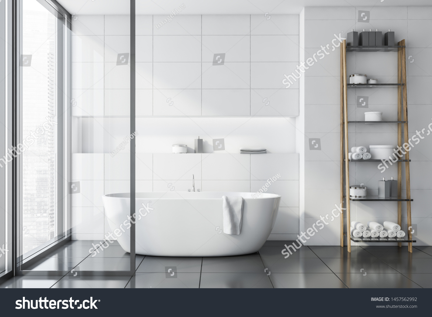 Interior Stylish Bathroom White Tile Walls Stock Illustration 1457562992