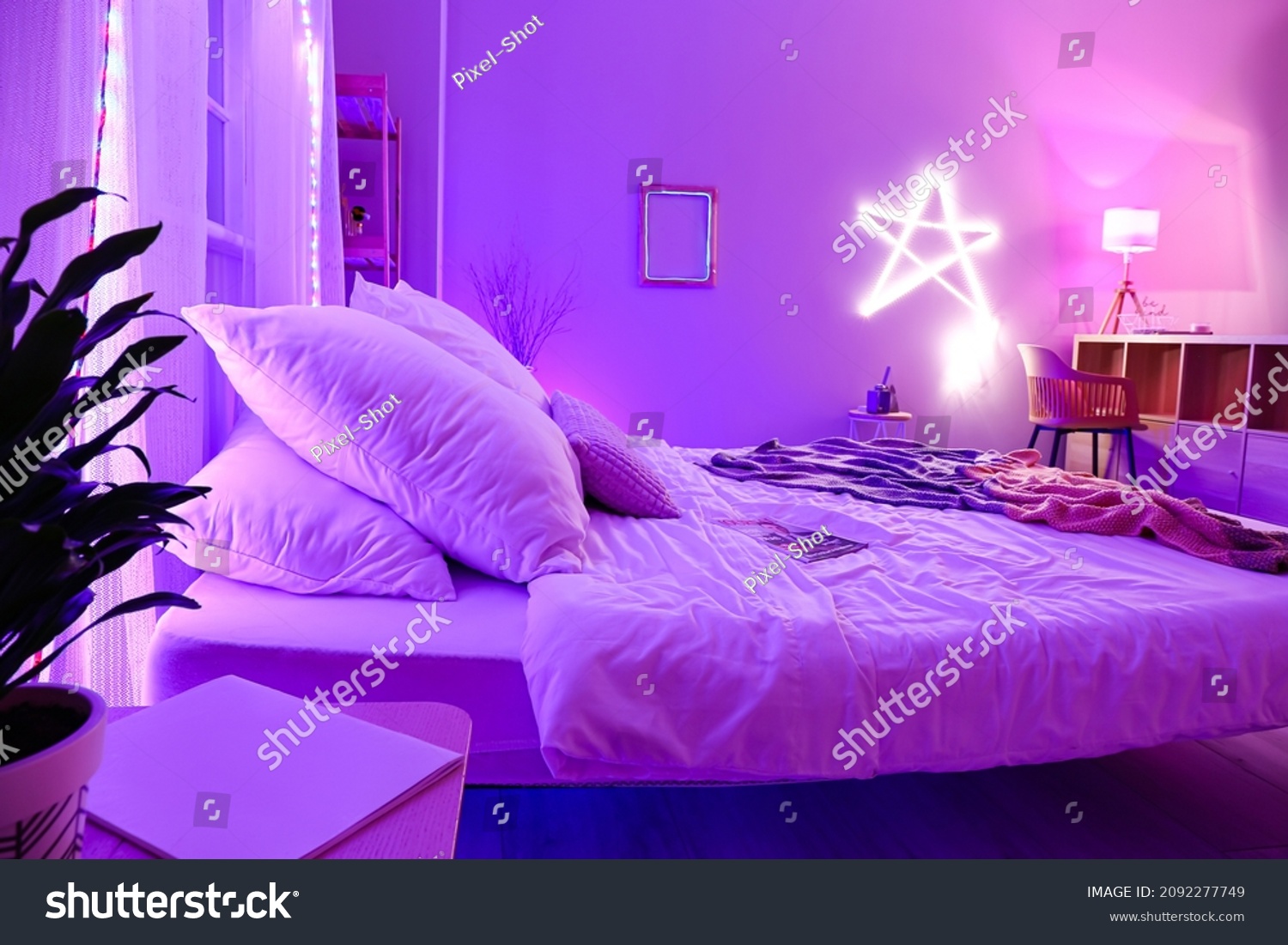 Interior Stylish Bedroom Neon Lighting Stock Photo 2092277749 ...