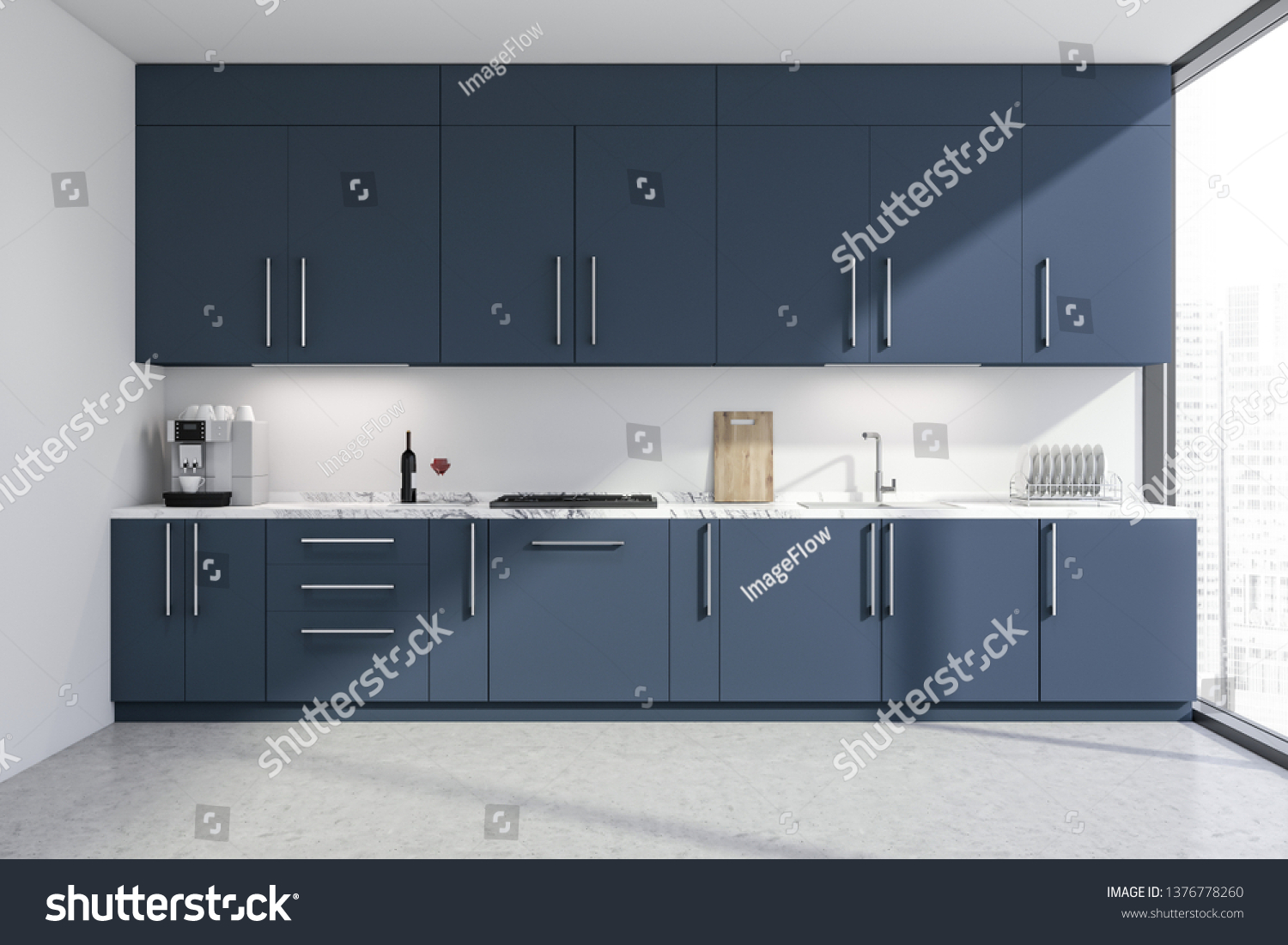 Interior Stylish Kitchen White Walls Concrete Royalty Free Stock