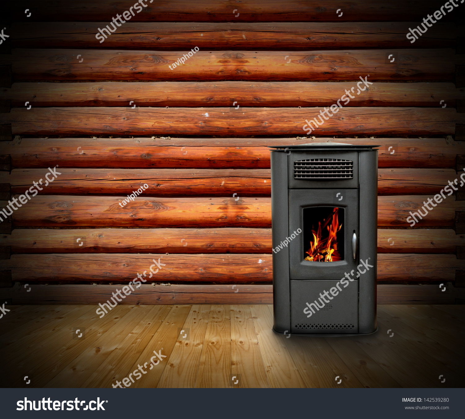 Interior Wooden Cabin Vintage Stove Burning Stock Photo Edit Now