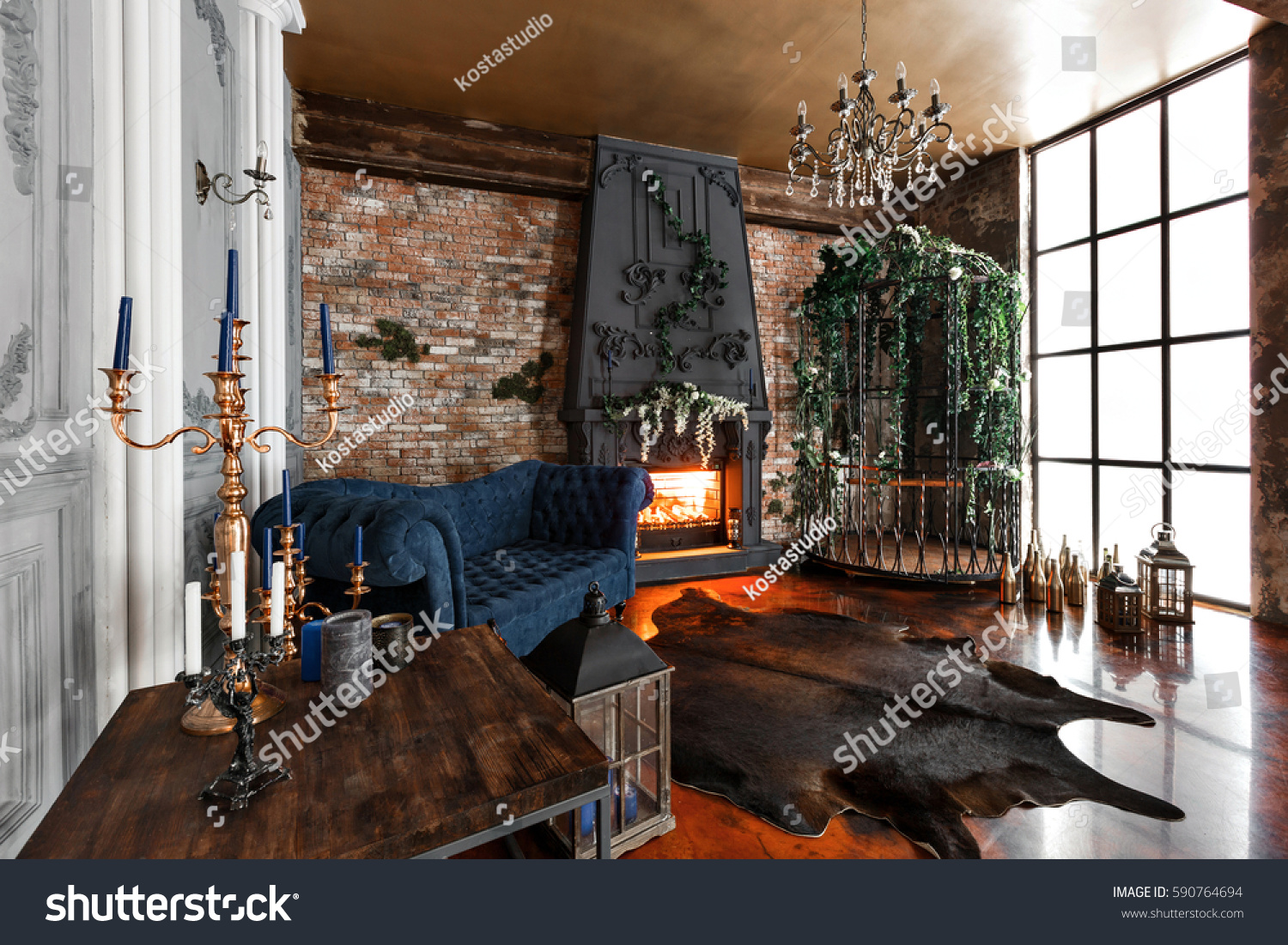 Interior Fireplace Candles Skin Cows Brick Stock Photo Edit Now