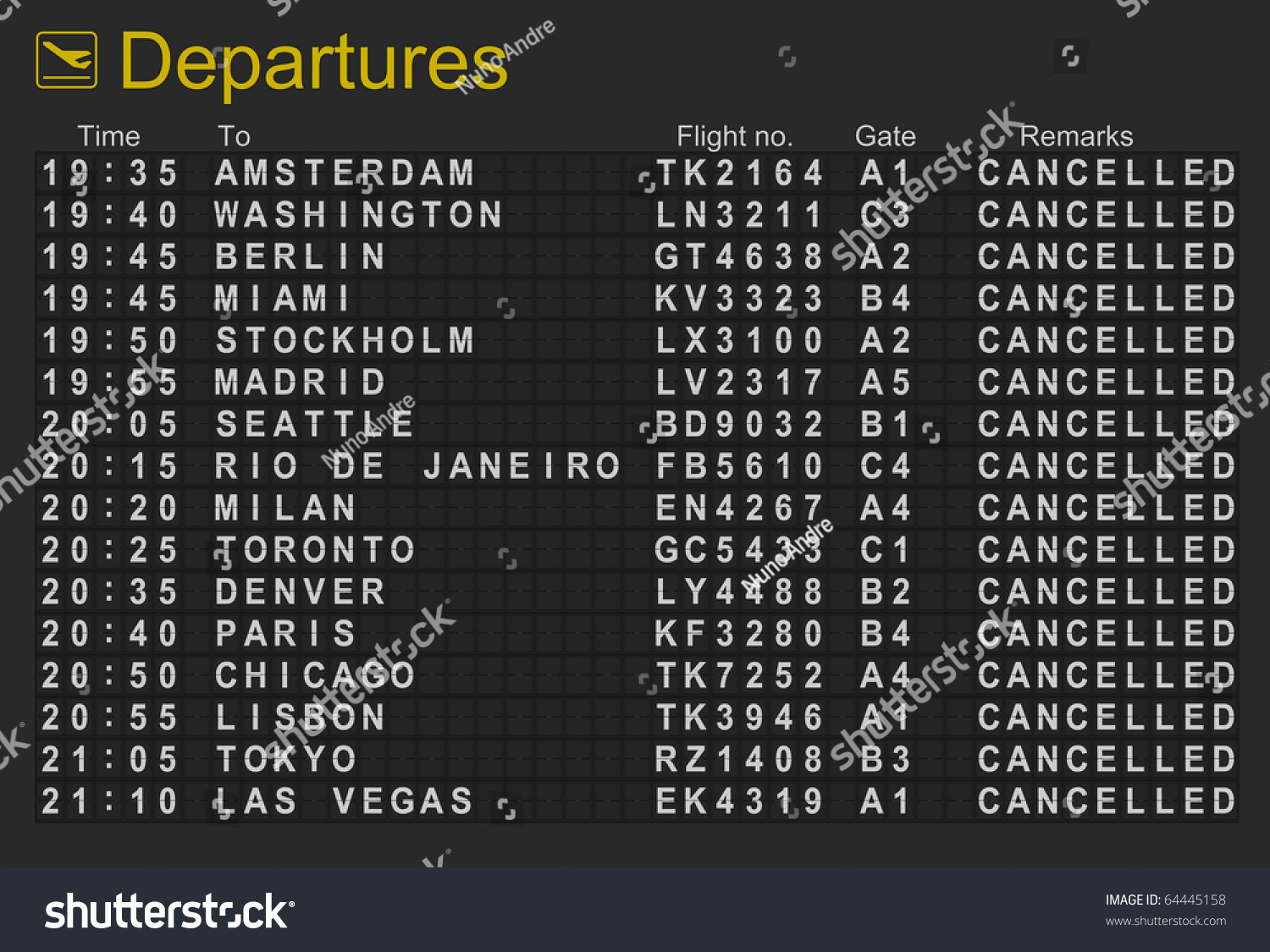 International Airport Departures Board With All Flights Cancelled Stock ...