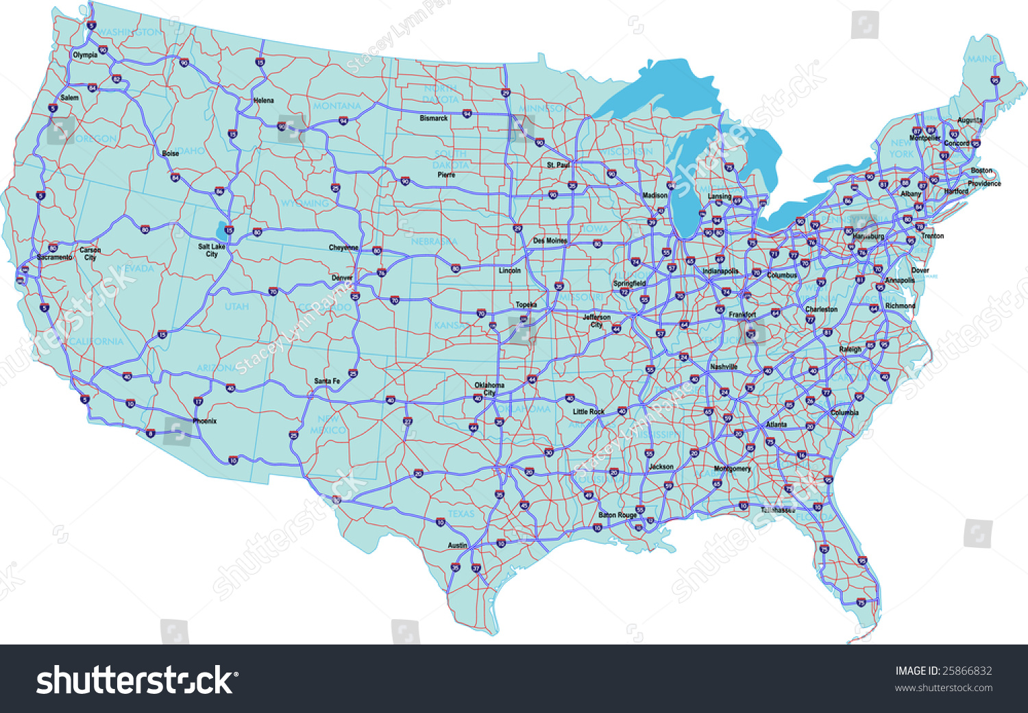 Interstate Map Continental United States State Stock Illustration