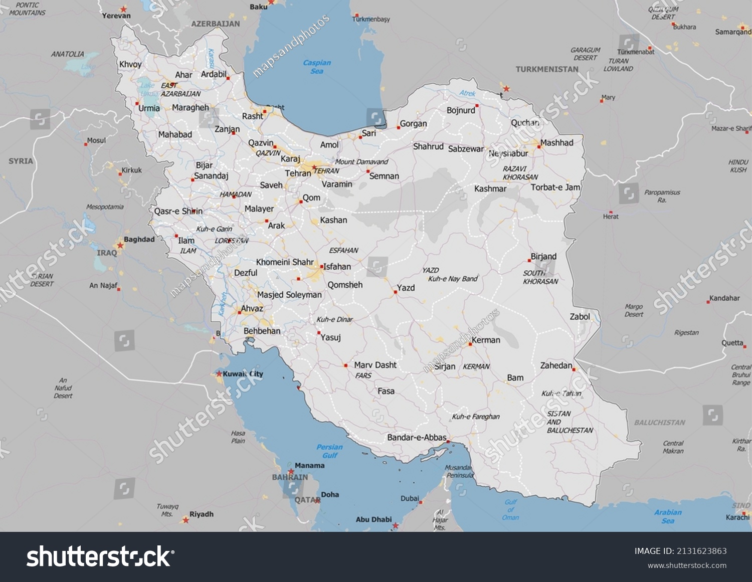 Stock Photo Iran Political Map With Neighbors And Capital National Borders Important Cities Rivers Lakes 2131623863 