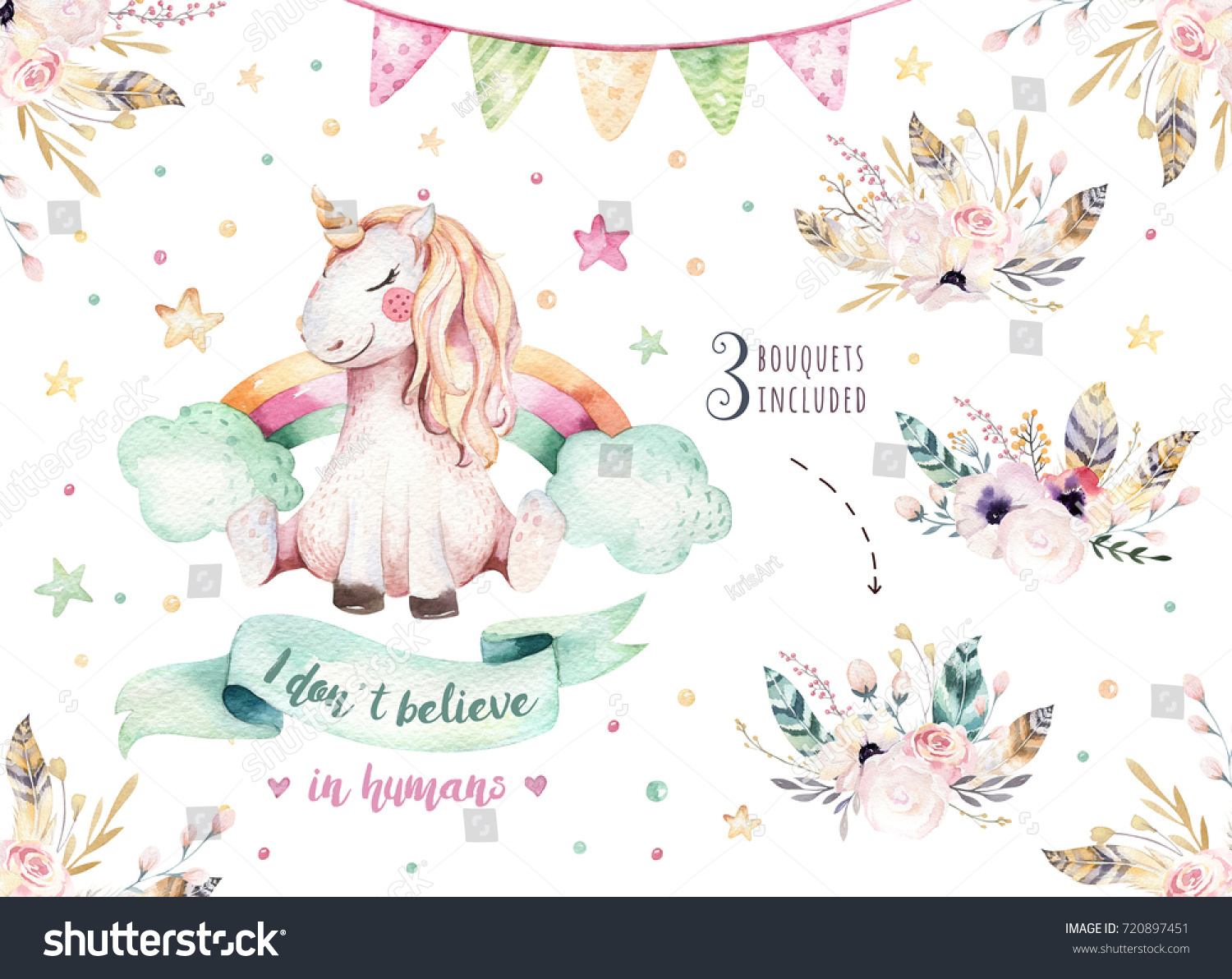 Isolated Cute Watercolor Unicorn Clipart Nursery Stock Illustration