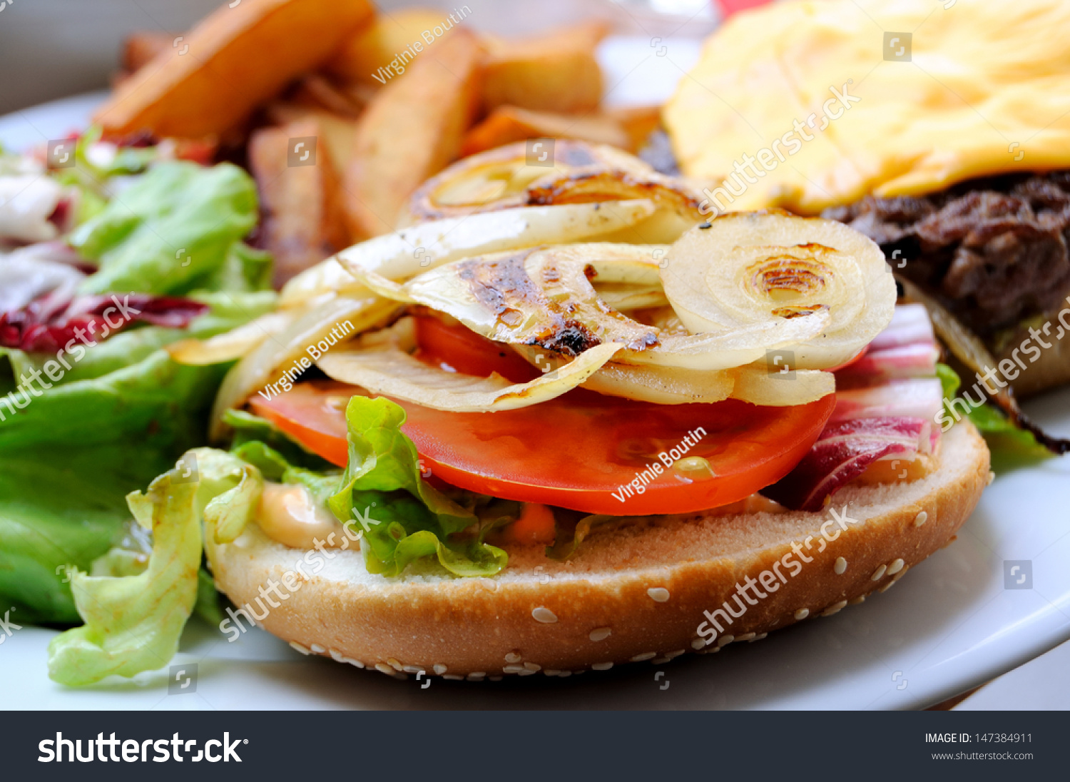 Isolated Delicious American Burger In White Plate Stock Photo 147384911 ...