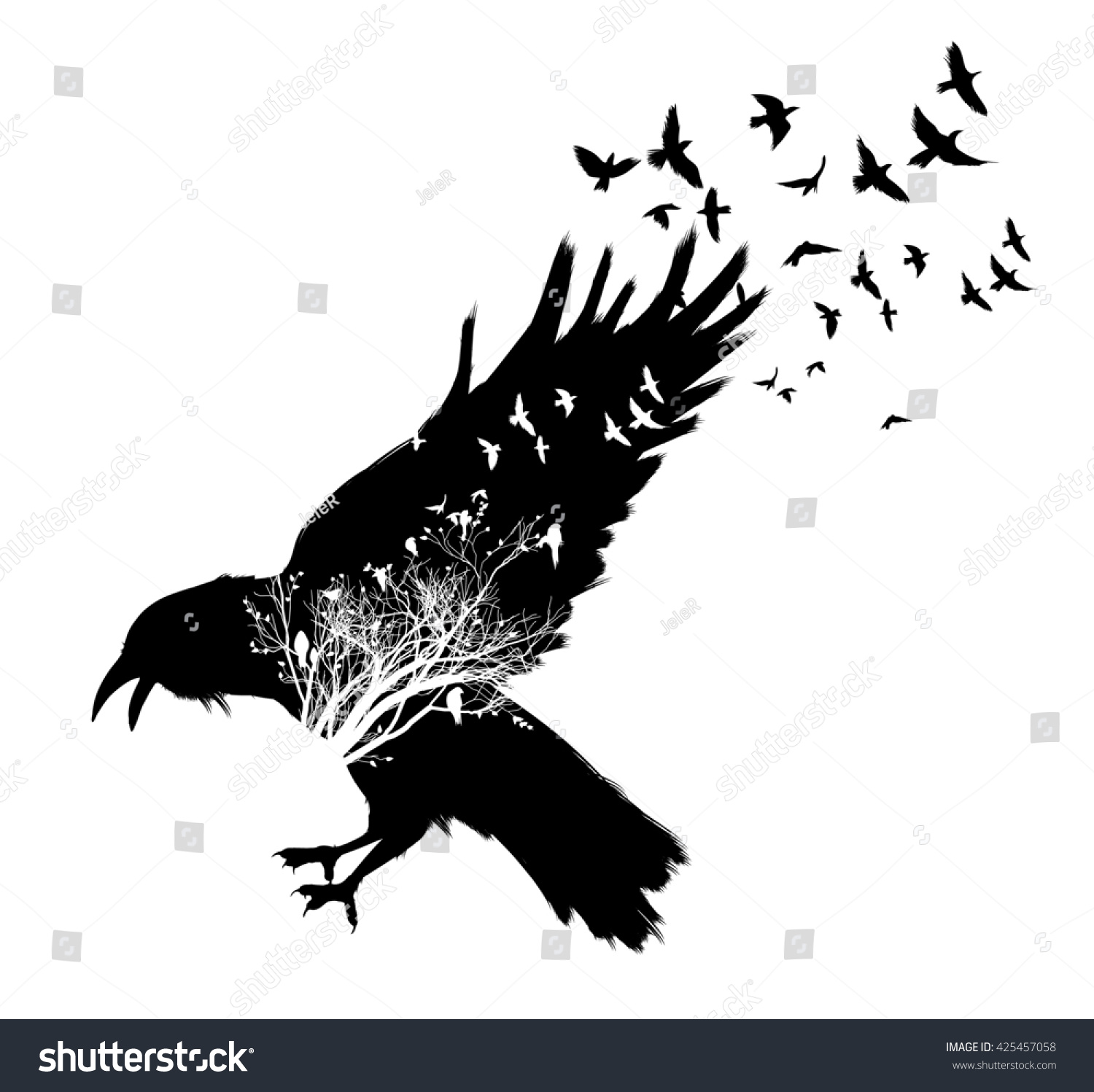 Isolated Flying Down Raven Double Exposure Stock Illustration 425457058