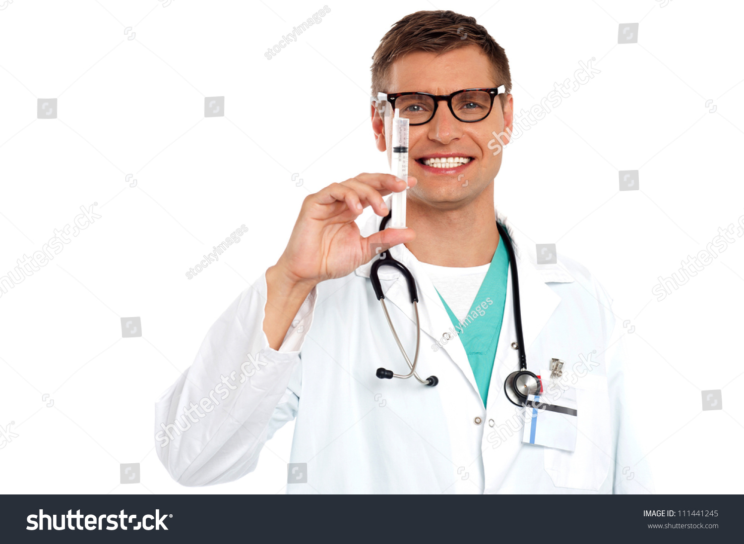 Isolated Smiling Male Doctor Injection Needle Stock Photo (Edit Now ...