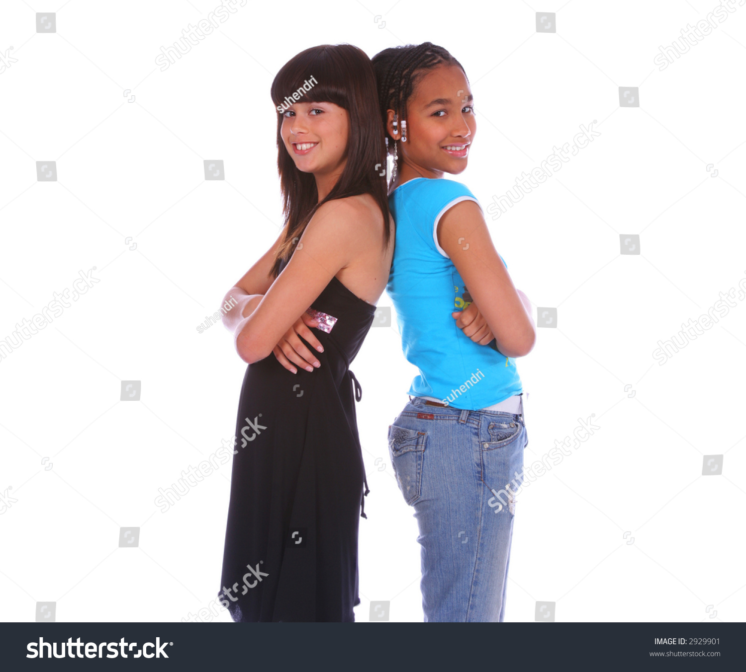 Isolated Two Young Girls Lean Back On Each Other Close Up Stock Photo ...