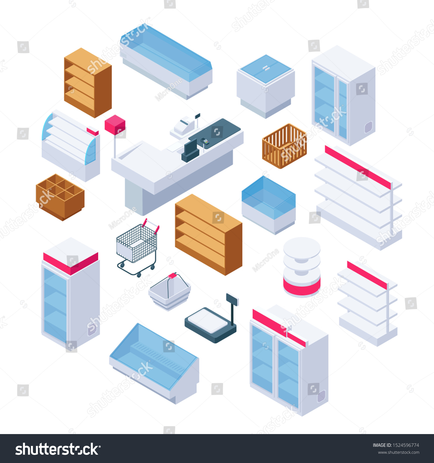 Isometric Store Furniture Supermarket Shelves Fridges Stock ...