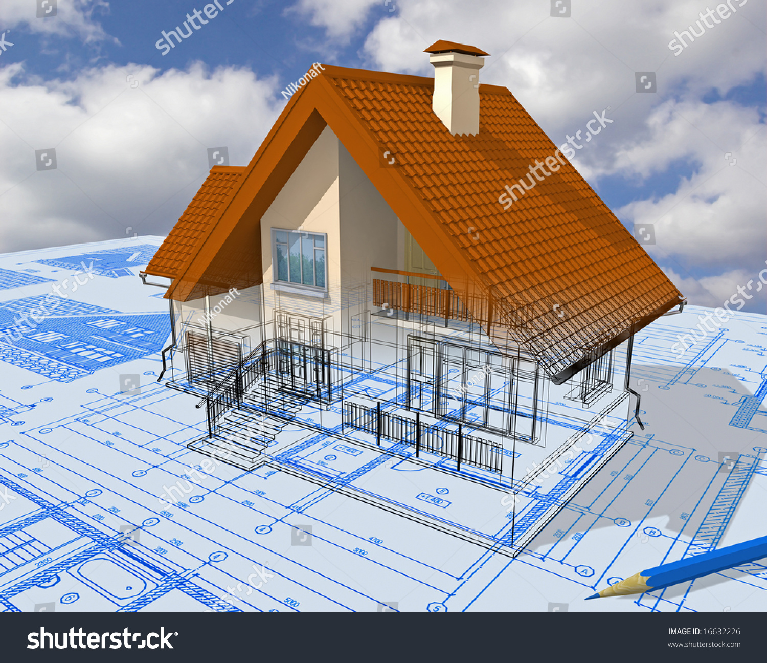 Isometric View The Residential House On Architect?S Drawing. Stock ...